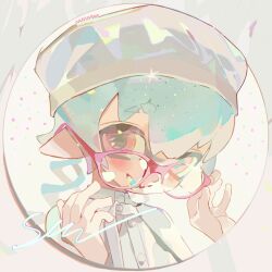 1girl absurdres acuteghost blue_hair blue_tongue collared_shirt colored_tongue commentary_request dress_shirt eyebrow_cut fangs glasses hair_between_eyes hands_up hat highres inkling inkling_girl inkling_player_character looking_at_viewer nintendo open_mouth pink-framed_eyewear pointy_ears red_eyes shirt short_hair smile solo splatoon_(series) tentacle_hair white_hat white_shirt