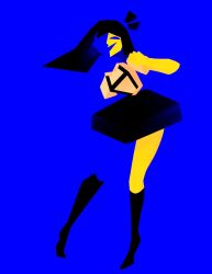 Rule 34 | 1girl, black hair, black skirt, blankpapper, blue skin, blunt bangs, blunt ends, colored skin, commentary, cubism, ena (joel g), ena (series), ena (species), english commentary, happy ena, highres, long hair, low poly, multicolored skin, open mouth, shirt, short sleeves, simple background, skirt, smile, solo, split-color skin, suspenders, two-tone skin, yellow skin