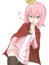 Rule 34 | 1boy, black thighhighs, blue eyes, blush, cape, commentary, cowboy shot, crown, finger to mouth, hair between eyes, hand on own thigh, hand up, highres, lifting own clothes, male focus, mini crown, motimoti mgmg, ocean prince, pink hair, pink tunic, puyopuyo, puyopuyo fever 2, red cape, salde canarl shellbrick iii, short hair, shushing, simple background, skindentation, solo, sparkle, sparkling eyes, standing, star (symbol), thighhighs, thighs, trap, tunic, tunic lift, white background, wide sleeves