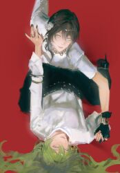 2girls absurdres black_gloves black_hair black_nails black_pants black_shoes commentary english_commentary fingernails flower fuhualess gloves green_hair hair_flower hair_ornament hair_spread_out high_heels highres honkai:_star_rail honkai_(series) honkai_impact_3rd jewelry long_hair lying mobius_(honkai_impact) multiple_girls on_back pants photo-referenced red_background red_velvet_(group) ring ruan_mei_(honkai:_star_rail) sharp_fingernails shirt shoes straddling white_flower white_shirt yuri