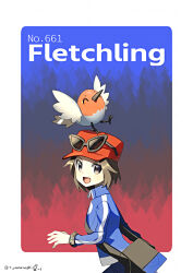 1boy :d animal animal_on_head arms_up bird bird_on_head black_bag black_eyes blue_jacket bracelet brown_hair calem_(pokemon) character_name closed_eyes closed_mouth commentary_request creatures_(company) eyewear_on_head fletchling game_freak gen_6_pokemon hat highres jacket jewelry male_focus mega_ring mega_stone nintendo on_head open_mouth pokedex_number pokemon pokemon_(creature) pokemon_on_head pokemon_xy red_hat short_hair smile standing standing_on_one_leg sunglasses twitter_username yamanashi_taiki