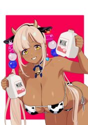 1girl absurdres animal_ears animal_print ass bare_shoulders bell bent_over bikini black_hairband blonde_hair breasts choker cow_ears cow_horns cow_print cow_print_bikini cowbell danimocles dark-skinned_female dark_skin eyepatch_bikini grin hair_ornament hairband highres holding holding_milk_carton hololive hololive_english horns huge_breasts long_hair milk milk_carton neck_bell planet_hair_ornament print_bikini smile solo swimsuit tsukumo_sana twintails very_long_hair virtual_youtuber yellow_eyes