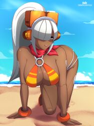 1girl absurdres alternate_color android arm_support artist_name axasempai bandana beach bikini blunt_bangs bracelet breasts clenched_teeth dark-skinned_female dark_skin green_eyes hair_over_eyes headset high_ponytail highres hime_cut jewelry joints large_breasts layer_(mega_man) long_hair looking_at_viewer mega_man_(series) mega_man_x_(series) mega_man_x_dive mole mole_under_eye navel o-ring o-ring_bikini ocean official_alternate_costume ponytail red_bandana robot_ears robot_girl robot_joints sky smile solo striped_bikini striped_clothes swimsuit swimsuit_layer_(mega_man) teeth white_hair