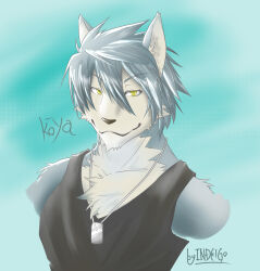 1boy animal_ears artist_name black_tank_top blue_background character_name closed_mouth collarbone commentary_request dog_boy dog_ears dog_nose dog_tags furry furry_male grey_fur grey_hair highres indeigo15 jewelry kouya_aotsuki looking_at_viewer male_focus morenatsu necklace smile tank_top