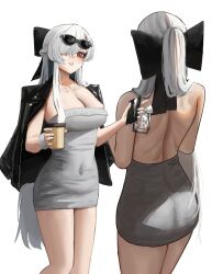 1girl absurdres back backless_dress backless_outfit black_jacket black_ribbon breasts cinderella_(beautiful_me)_(nikke) cinderella_(nikke) cleavage covered_navel cup disposable_coffee_cup disposable_cup dongtan_dress dress goddess_of_victory:_nikke grey_dress hair_ribbon highres holding holding_phone huge_breasts jacket jacket_on_shoulders long_hair looking_at_viewer meme_attire missing_commentary multiple_views official_alternate_costume phone red_eyes ribbon s3t simple_background very_long_hair white_background white_hair white_nails
