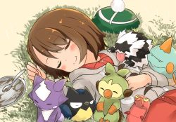 1girl barashiya brown_hair cardigan chewtle closed_eyes closed_mouth collared_dress commentary_request dress galarian_form galarian_zigzagoon gen_3_pokemon gen_8_pokemon gloria_(pokemon) grass green_headwear grey_sweater grookey hat hood hoodie nintendo on_ground plate pokemon pokemon_(creature) pokemon_swsh red_dress rookidee short_hair sizzlipede sleeping smile spoon sweater tam_o&#039;_shanter tongue tongue_out toxel unworn_hat unworn_headwear zigzagoon