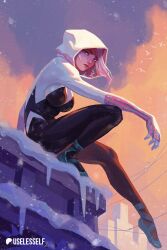 1girl artist_name blonde_hair blue_eyes breasts closed_mouth commentary english_commentary gwen_stacy hood hood_up lips looking_at_viewer marvel medium_breasts multicolored_hair outdoors pink_hair pink_lips short_hair sitting sky snow solo spider-gwen spider-man:_into_the_spider-verse spider-man_(series) spider-verse superhero_costume two-tone_hair useless_elf