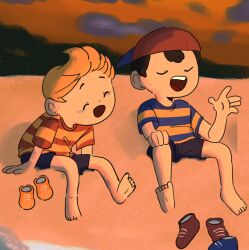 artist_request bad_tag barefoot beach black_hair blonde_hair child feet lucas_(mother_3) mother_(series) mother_2 mother_3 ness_(mother_2) nintendo ocean sang shirt shorts shota sitting smile soles striped_clothes striped_shirt super_smash_bros. toes