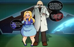1boy 1girl arm_behind_back blonde_hair blue_dress blue_eyes blue_hairband blue_shirt blue_shoes blush brown_pants brown_shoes coat cropped_shirt dot_nose dress english_text eyebrows eyelashes flat_chest full_body gerald_robotnik grin hairband hand_up highres indoors keenkix kyojiri_loli loli looking_at_viewer maria_robotnik nervous nervous_smile old old_man pants pov sega shirt shoes short_sleeves smile sonic_(series) space speech_bubble standing teeth v white_coat wide_hips