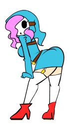 1girl alternate_color animated animated_gif ass ass_shake blue_hood blue_robe bouncing_breasts breasts garter_straps hooded_robe large_breasts mario_(series) mask minuspal nintendo non-web_source pink_hair robe shy_gal shy_guy simple_background solo tagme thighhighs white_background