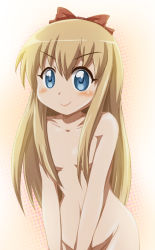 Rule 34 | 1girl, blonde hair, blue eyes, breasts, groin, hair censor, hair ribbon, long hair, navel, nude, out-of-frame censoring, ribbon, shishinon, smile, solo, toshinou kyouko, yuruyuri
