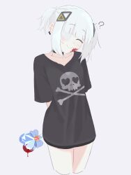 1girl ? ^_^ absurdres alternate_costume arms_behind_back black_shirt blood blood_on_face blush breasts cevio choker closed_eyes closed_mouth collarbone cropped_legs ear_piercing eyepatch facing_viewer from_side hair_ornament head_tilt heart_wand highres holding holding_wand kafu_(cevio) medical_eyepatch piercing saka_(sa_ka) shirt short_hair short_twintails simple_background small_breasts smile solo twintails wand white_hair