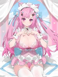1girl ahoge animal_ears animated animated_gif bandaid bandaid_hair_ornament bed_sheet belt black_choker blue_bow blush bouncing_breasts bow bow_panties bra braid breasts cat_choker cat_ears cat_girl choker cleavage closed_mouth crossed_bandaids day extra_ears fingernails fish_hair_ornament ghost_hair_ornament hair_bow hair_ornament hairclip heart heart_hair_ornament heart_hands indie_virtual_youtuber indoors large_breasts long_hair looking_at_viewer maid maid_headdress nail_polish nipple_slip nipples panties paw_print pink_belt pink_bow pink_bra pink_eyes pink_hair pink_nails pink_panties pink_shirt pink_skirt shiny_skin shirt short_sleeves sitting skirt smile solo thighhighs thighs two_side_up underwear virtual_youtuber waterring white_thighhighs white_wrist_cuffs wing_hair_ornament wrist_cuffs yuuki_sakuna yuuki_sakuna_(1st_costume)