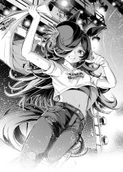 1girl animal_ears blush breasts commentary_request greyscale hair_ornament hair_over_one_eye hat hero_(10cl3) highres horse_ears horse_tail looking_at_viewer monochrome pants pointing pointing_at_viewer rice_shower_(umamusume) sky small_breasts solo stage star_(sky) starry_sky tail towel uma_summer_(umamusume) umamusume