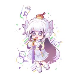 1girl 2omong 2omong_(3rd_costume) animal animal_on_head artist_request baby_animal beamed_eighth_notes beamed_sixteenth_notes bird blush chick dress eighth_note food grey_hair hanbok holding korean_clothes long_hair meechu microphone music musical_note on_head open_mouth quarter_note singing solo spoken_musical_note very_long_hair virtual_youtuber white_hair