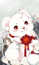 Rule 34 | 1boy, absurdres, animal, armor, bare tree, bracer, brown eyes, brown hair, building snowman, closed mouth, cloud, cloudy sky, cowboy shot, day, flower, forehead, full armor, hair ornament, happy, hashtag-only commentary, highres, jianxia qingyuan (series), jianxia qingyuan online 3, light blush, lion cub, long hair, looking at viewer, outdoors, oversized animal, petals, plum blossoms, sky, smile, snowman, tree, winter, yi tianran dai