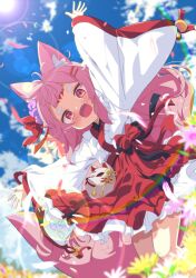1girl :d absurdres animal_ear_fluff animal_ears arms_up bell blue_sky blurry blush child cloud commission day fang fangs field flower flower_field fox_ears fox_girl fox_mask fox_tail frilled_skirt frills hair_ornament hairclip hakama hakama_short_skirt hakama_skirt highres hikimayu huge_filesize japanese_clothes kimono lens_flare long_hair long_sleeves looking_at_viewer mask miko open_mouth original outdoors outstretched_arms petals pink_eyes pink_hair red_hakama red_skirt shiro9jira short_eyebrows skeb_commission skirt sky smile solo sun tail thick_eyebrows white_kimono wide_sleeves
