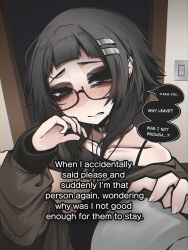 Rule 34 | 1girl, 1other, absurdres, arched bangs, black-framed eyewear, black choker, black eyes, black hair, black shirt, blush, brown coat, choker, coat, collarbone, commentary, crying, crying with eyes open, english commentary, english text, glasses, hair ornament, hairclip, half-closed eyes, hand up, highres, indoors, light switch, long sleeves, looking at viewer, medium hair, mikuneki, original, parallel hairclips, parted lips, pov, raised inner eyebrows, riyo kaede (mikuneki), sad, semi-rimless eyewear, shirt, single bare shoulder, speech bubble, tearing up, tears, under-rim eyewear, upper body