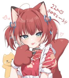 1girl ahoge akami_karubi animal_ears animal_hands blue_eyes blue_ribbon cat_ears cat_girl crazy_raccoon dress food food_on_face gloves hair_ribbon hashtag-only_commentary highres looking_at_viewer medium_hair open_mouth paw_gloves paw_print red_dress red_hair ribbon sentouryoku_5 short_sleeves simple_background smile solo twintails virtual_youtuber white_background