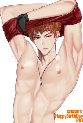 1boy absurdres armpits bad_id bad_pixiv_id blue_eyes busujima_rio_mason character_name happy_birthday highres hypnosis_mic looking_at_viewer looking_to_the_side male_focus nipples one_eye_closed parted_lips pokosuka shirt short_hair solo sweat undressing upper_body white_background