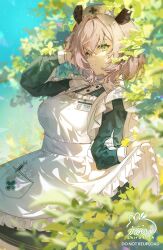1girl apron artist_name breasts brown_hair chiroyo cowboy_shot dress green_dress green_eyes hat highres indie_virtual_youtuber large_breasts nimi_nightmare nurse_cap short_hair solo virtual_youtuber white_apron