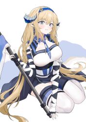 1girl arknights black_gloves blonde_hair blue_hairband blue_horns blue_necktie blush breasts commentary_request earrings fingerless_gloves flag gloves grey_eyes grey_horns hair_between_eyes hairband highres holding holding_flag horns jewelry large_breasts long_hair looking_at_viewer necktie parted_lips pointy_ears saileach_(arknights) sitting solo thighhighs very_long_hair white_background white_gloves white_thighhighs yaco_n