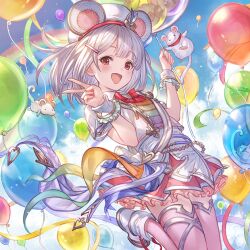 animal_ears balloon blush frilled_skirt frills granblue_fantasy hat hime_cut mouse_(animal) official_art open_mouth pink_thighhighs red_eyes shoes short_hair skirt smile thighhighs v vikala_(granblue_fantasy) vikala_(parade_master) white_hair