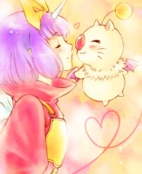 1girl blush bow closed_eyes creature cropped_sweater eiko_carol final_fantasy final_fantasy_ix hair_bow horns mini_wings moogle overalls purple_hair quichi_91 red_sweater short_hair single_horn smile sweater turtleneck turtleneck_sweater upper_body wings yellow_bow yellow_overalls