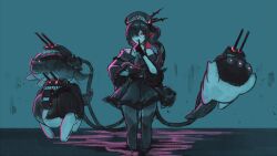 1girl 3others abyssal_ship bare_shoulders black_dress black_gloves black_hair colored_skin dress finger_to_mouth frilled_dress frills gloves glowing glowing_eye glowing_eyes hair_over_one_eye hand_on_own_hip hat headgear highres index_finger_raised kantai_collection looking_at_viewer multicolored_necktie multiple_others necktie ocean odachu pale_skin ra-class_destroyer ra-class_destroyer_beta red_eyes red_necktie school_uniform serafuku short_hair shushing smile spikes white_necktie white_skin