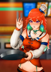 1girl blurry blurry_background blush bow bow_choker breasts choker cleavage collarbone colored_inner_hair commentary cropped_vest detached_sleeves eden_exile english_commentary frying_pan green_hair hand_up hat holding holding_frying_pan hololive hololive_english long_hair looking_at_object medium_breasts midriff mini_hat multicolored_hair ok_sign orange_hair parted_lips purple_eyes salt skirt solo suspender_skirt suspenders takanashi_kiara takanashi_kiara_(1st_costume) vest virtual_youtuber wavy_hair