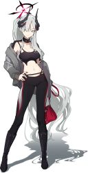 Rule 34 | 1girl, alternate costume, black halo, blue archive, boots, contemporary, grey eyes, hair over one eye, halo, hand on own hip, highres, horns, long hair, makoto (blue archive), multicolored halo, navel, official art, pointy ears, red halo, sleeves past wrists, solo, two-tone halo, white hair