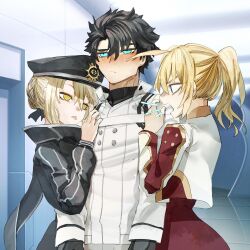 1boy 2girls ahoge artoria_pendragon_(fate) black_gloves black_hair black_hat blonde_hair blue_eyes blush collarbone fate/grand_order fate_(series) fujimaru_ritsuka_(male) fujimaru_ritsuka_(male)_(decisive_battle_chaldea_uniform) gloves green_eyes hallway hat hetero highres multiple_girls mysterious_heroine_x_(fate) mysterious_heroine_x_alter_(fate) obazzotto ponytail tongue tongue_out yellow_eyes
