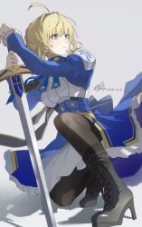 Rule 34 | 1girl, absurdres, ahoge, artist name, artoria pendragon (fate), bad source, blonde hair, boots, braid, braided bun, breasts, dated, dress, excalibur (fate/stay night), fate/stay night, fate (series), green eyes, hair bun, high heel boots, high heels, highres, honkai: star rail, honkai (series), on one knee, pantyhose, saber (fate), saber (honkai: star rail) (fate), solo, sword, weapon, yidian yidian jiang