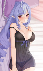 1girl ahoge black_dress blush cowboy_shot dress grey_hair highres kurisu-kun long_hair looking_at_viewer mole mole_under_eye multicolored_hair panties pointy_ears purple_hair red_eyes see-through_clothes solo strap_slip streaked_hair underwear very_long_hair vivian_banshee zenless_zone_zero