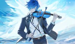 1boy artist_name belt black_ribbon blue_hair blue_jacket blue_pants blue_theme bow_(music) brown_belt chinese_commentary closed_eyes closed_mouth collared_shirt dated digital_media_player digital_walkman gekkoukan_high_school_uniform hair_between_eyes hair_over_one_eye headphones headphones_around_neck holding holding_bow_(music) holding_instrument holding_violin instrument jacket kaede1231 long_sleeves male_focus music neck_ribbon open_clothes open_jacket pants persona persona_3 playing_instrument ribbon school_uniform shirt short_hair smile solo standing upper_body violin walkman_nw-s203f white_shirt yuuki_makoto_(persona_3)