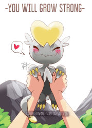 Rule 34 | absurdres, blush, closed eyes, closed mouth, commentary, deviantart username, english commentary, english text, facing viewer, gen 7 pokemon, grey background, happy, harlequinwaffles, heart, highres, holding, holding pokemon, jangmo-o, mixed-language commentary, mountain, nintendo, pokemon, pokemon (creature), pokemon focus, pov, pov hands, signature, smile, solo focus, spanish commentary, spoken heart, watermark, web address