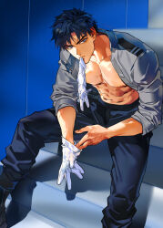 Rule 34 | 1boy, abs, black pants, black shoes, blue eyes, blue hair, closed mouth, clothes in mouth, collarbone, collared shirt, feet out of frame, gloves, grey shirt, looking at viewer, male focus, navel, nipples, open clothes, open shirt, original, pants, parted bangs, pectorals, shirt, shoes, short hair, sitting, solo, tomcat li, white gloves