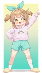1girl :d asymmetrical_legwear blue_background blue_ribbon blue_shorts blue_socks border brown_hair child commentary_request full_body gradient_background hair_ornament hair_ribbon hand_on_own_hip hand_up heart heart-shaped_pupils highres hood hood_down hoodie index_finger_raised indie_utaite long_sleeves medium_hair mismatched_legwear nanahira open_mouth pink_hoodie pink_socks ribbon shorts slippers smile socks solo standing striped_clothes striped_socks symbol-shaped_pupils two-tone_background two_side_up uneven_legwear white_border white_socks x_hair_ornament yellow_background yellow_eyes yellow_slippers zendamu