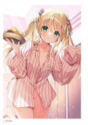 1girl absurdres blonde_hair blush bottomless breasts cleavage closed_mouth collarbone collared_shirt donut food green_eyes hair_bobbles hair_ornament highres holding holding_tray indoors long_hair long_sleeves looking_at_viewer medium_breasts naked_shirt no_bra original pout shirt sleeves_past_wrists small_breasts solo standing striped_clothes striped_shirt suimya tray twintails vertical-striped_clothes vertical-striped_shirt