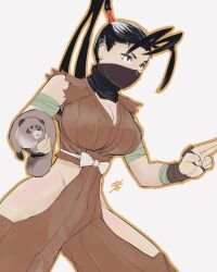 antenna_hair bandages black_hair bow breasts carrying carrying_under_arm cleavage clothing_cutout don_(street_fighter) dougi gloves high_ponytail hip_vent hiroshi_mono ibuki_(street_fighter) leg_cutout mask mouth_mask ninja ninja_mask ponytail source_request street_fighter tanuki torn_clothes torn_sleeves waist_bow