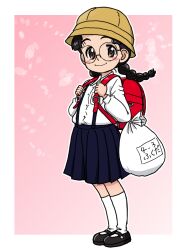 Rule 34 | 1girl, alternate costume, backpack, bag, black hair, black shoes, black skirt, braid, brown eyes, closed mouth, collared shirt, dress shirt, falling petals, fukuda haru, girls und panzer, glasses, gradient background, hat, kneehighs, long braid, long hair, petals, pink background, pleated skirt, randoseru, red bag, round eyewear, shirt, shoes, skirt, smile, socks, suspender skirt, suspenders, takahashi kurage, twin braids, white bag, white shirt, white socks, yellow hat