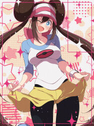 1girl black_pantyhose blue_eyes blush breasts brown_hair donut_hair_bun double_bun fujiwara_hiro_(kaede_ciao) hair_bun highres long_hair looking_at_viewer nintendo one_eye_closed open_mouth pantyhose pantyhose_under_shorts pokemon pokemon_bw2 raglan_sleeves rosa_(pokemon) shirt shorts smile solo twintails visor_cap yellow_shorts