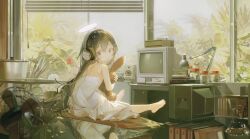 1girl absurdres bare_shoulders barefoot brown_hair chinese_commentary commentary_request commission crt desk_lamp dress electric_fan feet from_behind full_body furrowed_brow hair_ornament hairclip halo headphones highres holding holding_stuffed_toy indoors lamp long_hair looking_at_viewer looking_back neko_blow open_mouth original plant sitting solo strapless strapless_dress stuffed_animal stuffed_rabbit stuffed_toy white_dress white_halo