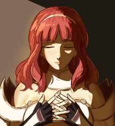 1girl armor breastplate breasts celica_(fire_emblem) choker cleavage closed_eyes countryisntgold earrings fingerless_gloves fire_emblem fire_emblem_echoes:_shadows_of_valentia gloves highres jewelry long_hair medium_breasts nintendo orange_hair praying princess red_hair shadow solo tiara white_armor