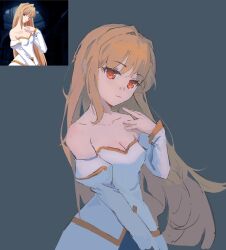 Rule 34 | 1girl, archetype earth, arcueid brunestud, bare shoulders, blonde hair, breasts, cleavage, derivative work, detached sleeves, dress, gloves, highres, long hair, long sleeves, looking at viewer, medium breasts, red eyes, reference photo, screenshot redraw, solo, strapless, strapless dress, tsukihime, very long hair, white dress, yuzhenuuu11981