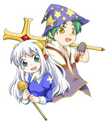 1boy 1girl bell blue_dress blue_eyes coat commentary_request cross cross_necklace dress fingerless_gloves gloves gold_trim green_hair hair_bell hair_ornament hat holding holding_staff jewelry jingle_bell juliet_sleeves long_hair long_sleeves looking_at_viewer monk_(ragnarok_online) multicolored_coat nayuruonline necklace open_mouth priest_(ragnarok_online) print_hat puffy_sleeves purple_coat purple_gloves purple_hat ragnarok_online red_coat short_hair short_sleeves simple_background smile staff star_(symbol) star_print upper_body white_background white_coat witch_hat yellow_eyes