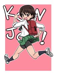 Rule 34 | 1girl, backpack, bag, bike shorts, bike shorts under skirt, black neckerchief, black socks, brown eyes, brown hair, clenched hands, from behind, girls und panzer, green skirt, isobe noriko, miniskirt, neckerchief, ooarai school uniform, pink background, pleated skirt, red bag, running, school uniform, serafuku, shoes, short hair, simple background, skirt, slogan, smile, socks, takahashi kurage, tomboy, white serafuku, white shoes
