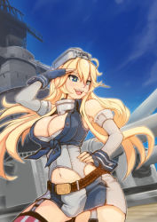 10s 1girl bare_shoulders blonde_hair blue_eyes breasts cleavage curvy fang female_focus fingerless_gloves garter_straps gloves historical_name_connection iowa_(kancolle) kantai_collection large_breasts long_hair looking_afar midriff miniskirt name_connection navel object_namesake open_mouth personification skirt smile solo star-shaped_pupils star_(symbol) symbol-shaped_pupils thighhighs uss_iowa_(bb-61) vehicle_and_personification wide_hips xion xion_(artist) zettai_ryouiki