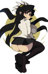 1girl artist_name ass back bad_id bad_twitter_id black_footwear black_hair black_skirt black_thighhighs blush breasts extra_mouth eyeliner eyeshadow filia_(skullgirls) from_behind highres invisible_chair large_breasts legs_together living_clothes living_hair long_hair long_sleeves looking_back makeup parted_lips postblue98 prehensile_hair red_eyes samson_(skullgirls) school_uniform shoe_soles shoes sitting skirt skullgirls thighhighs