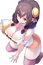 1girl alcohol alternate_costume arm_support artist_name bare_arms bare_shoulders beer beer_mug between_breasts boots bow braid breasts brown_boots brown_hair commentary crown_braid cup detached_collar employee_uniform english_commentary fluid_on_breasts hair_between_eyes hair_bow highres holding holding_cup hooters hot_vr kneeling kono_subarashii_sekai_ni_shukufuku_wo! large_breasts leaning_forward long_hair mug necktie necktie_between_breasts nervous_smile open_mouth orange_shorts pink_bow pink_necktie pink_thighhighs pixiv_username print_tank_top red_eyes short_shorts shorts simple_background smile solo subscribestar_username tank_top thighhighs white_background white_tank_top yunyun_(konosuba)